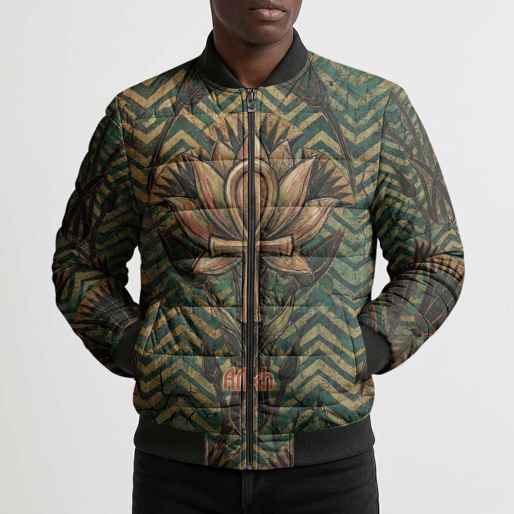 Khepri Bomber Puffer Jacket Ancient Egyptian Chevron, Scarab Ankh and Winged Khepri Guardian Motif - Wonder Print Shop