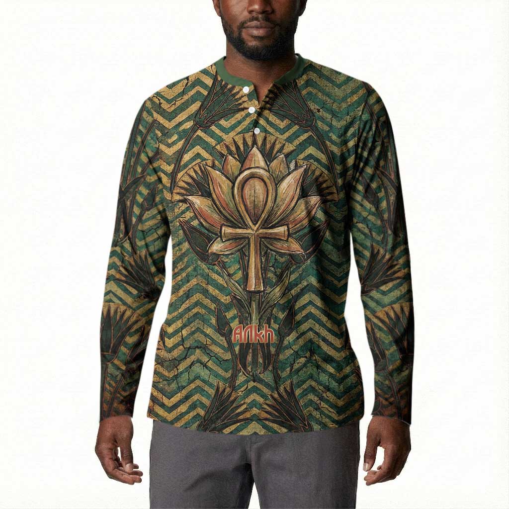 Khepri Button Sweatshirt Ancient Egyptian Chevron, Scarab Ankh and Winged Khepri Guardian Motif