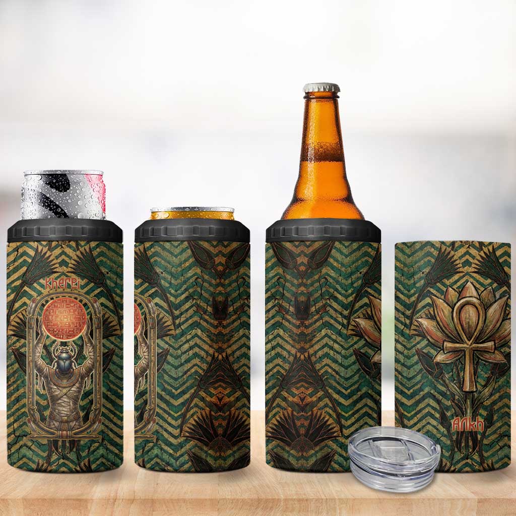 Khepri 4 in 1 Can Cooler Tumbler Ancient Egyptian Chevron, Scarab Ankh and Winged Khepri Guardian Motif - Wonder Print Shop