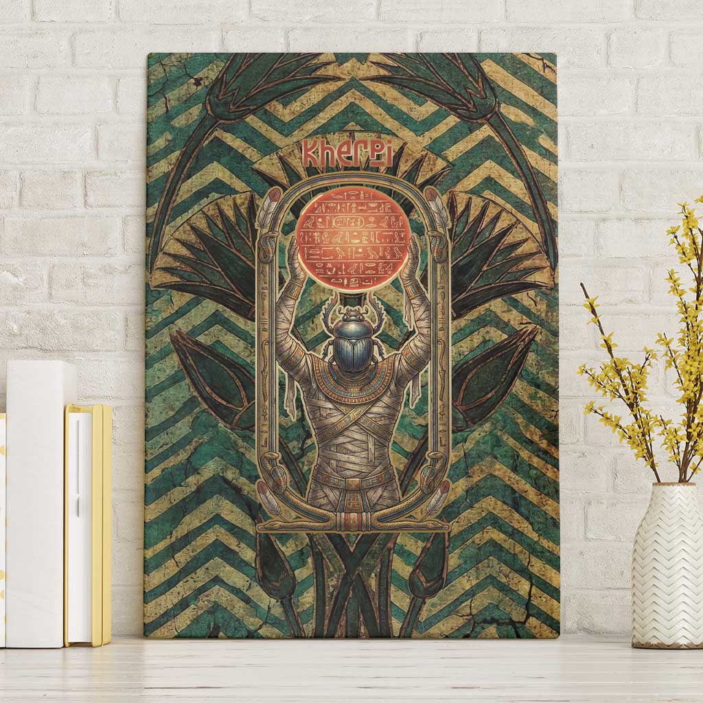 Khepri Canvas Wall Art Ancient Egyptian Chevron, Scarab Ankh and Winged Khepri Guardian Motif - Wonder Print Shop
