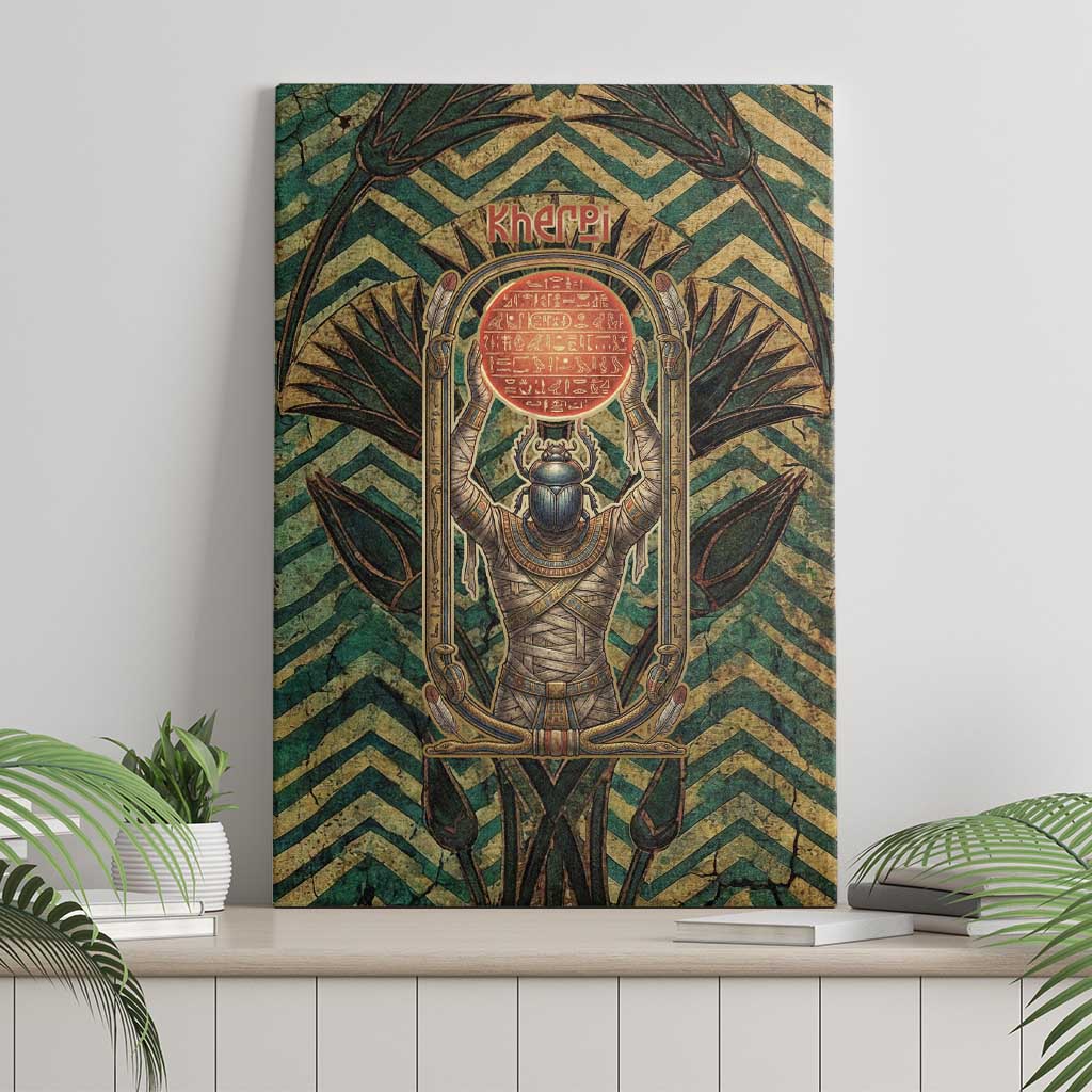 Khepri Canvas Wall Art Ancient Egyptian Chevron, Scarab Ankh and Winged Khepri Guardian Motif - Wonder Print Shop