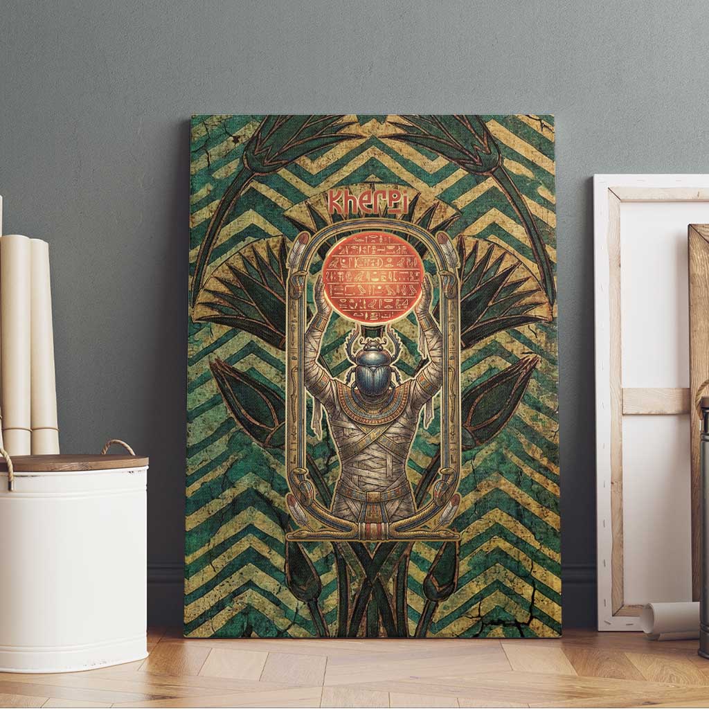 Khepri Canvas Wall Art Ancient Egyptian Chevron, Scarab Ankh and Winged Khepri Guardian Motif - Wonder Print Shop