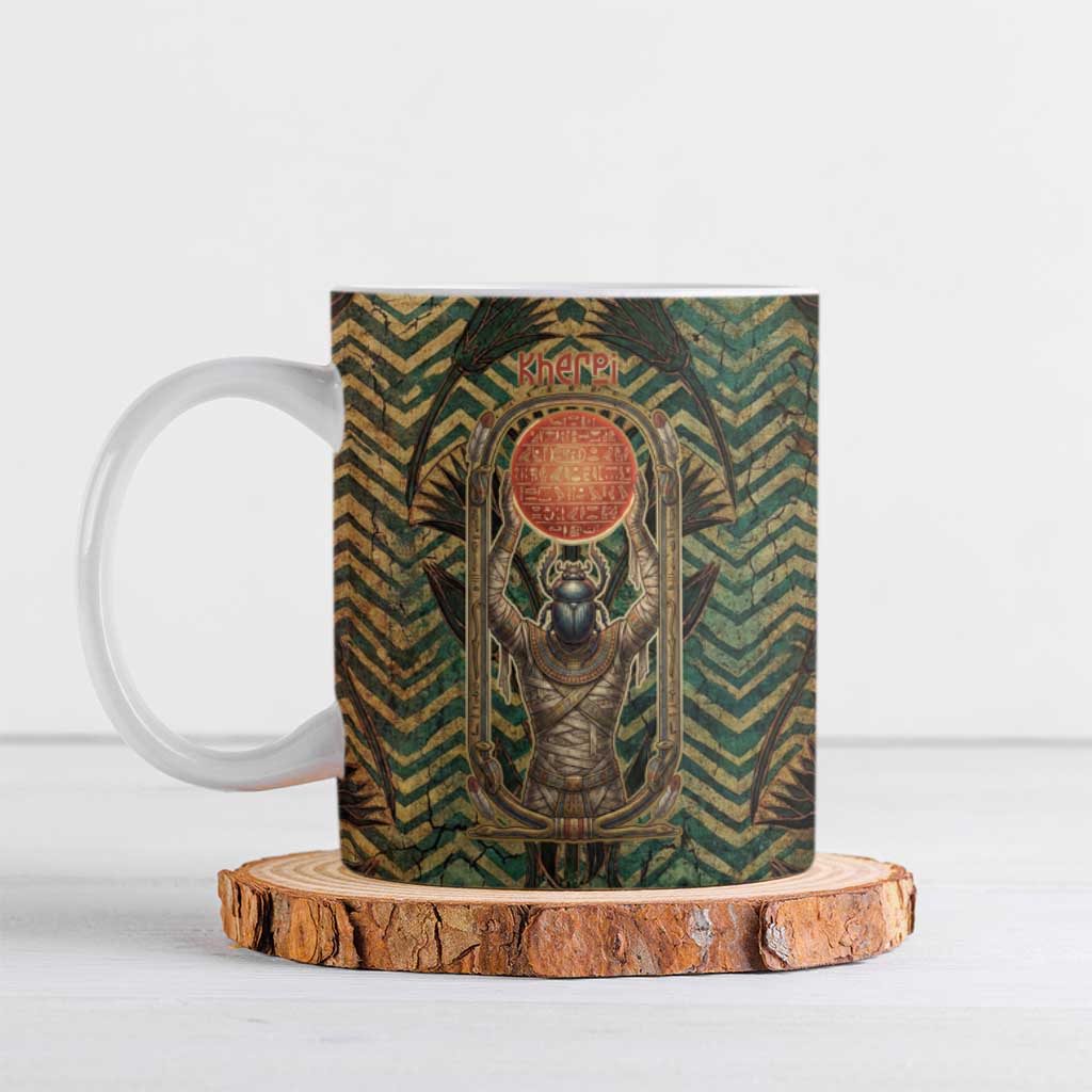 Khepri Ceramic Mug Ancient Egyptian Chevron, Scarab Ankh and Winged Khepri Guardian Motif - Wonder Print Shop