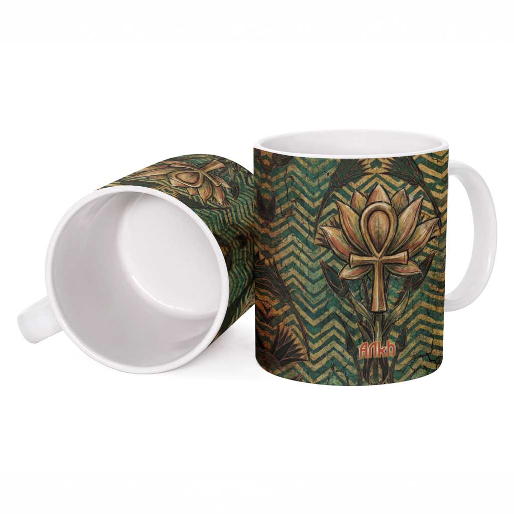 Khepri Ceramic Mug Ancient Egyptian Chevron, Scarab Ankh and Winged Khepri Guardian Motif - Wonder Print Shop