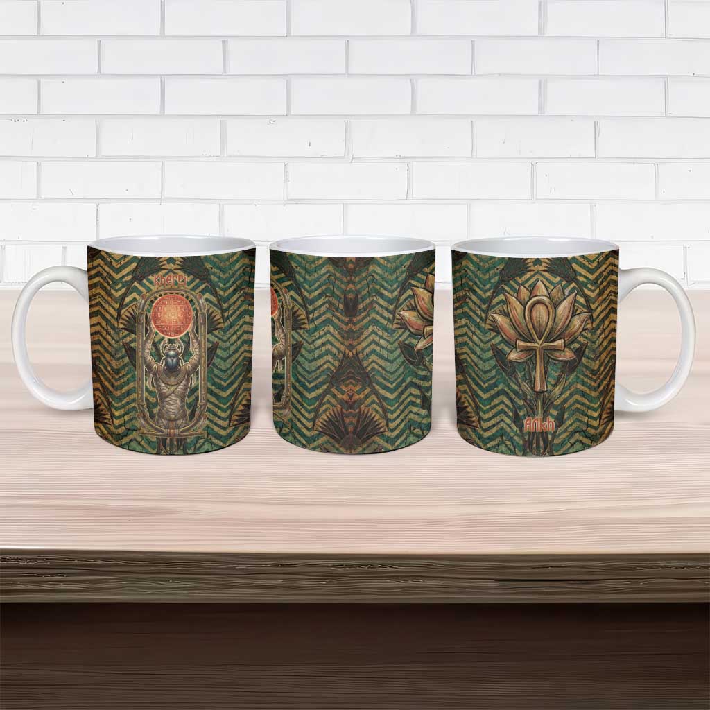 Khepri Ceramic Mug Ancient Egyptian Chevron, Scarab Ankh and Winged Khepri Guardian Motif - Wonder Print Shop