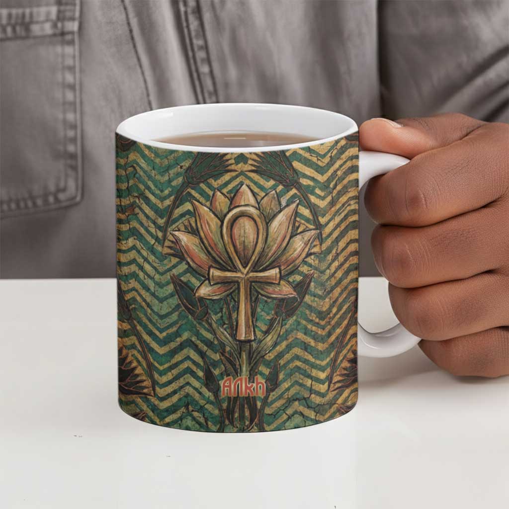 Khepri Ceramic Mug Ancient Egyptian Chevron, Scarab Ankh and Winged Khepri Guardian Motif - Wonder Print Shop