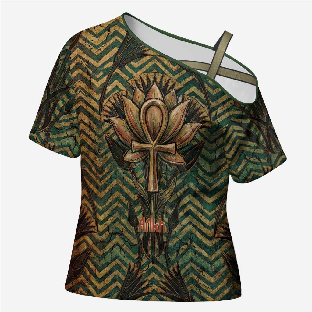 Khepri Cross Shoulder Shirt Ancient Egyptian Chevron, Scarab Ankh and Winged Khepri Guardian Motif - Wonder Print Shop