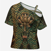Khepri Cross Shoulder Shirt Ancient Egyptian Chevron, Scarab Ankh and Winged Khepri Guardian Motif - Wonder Print Shop