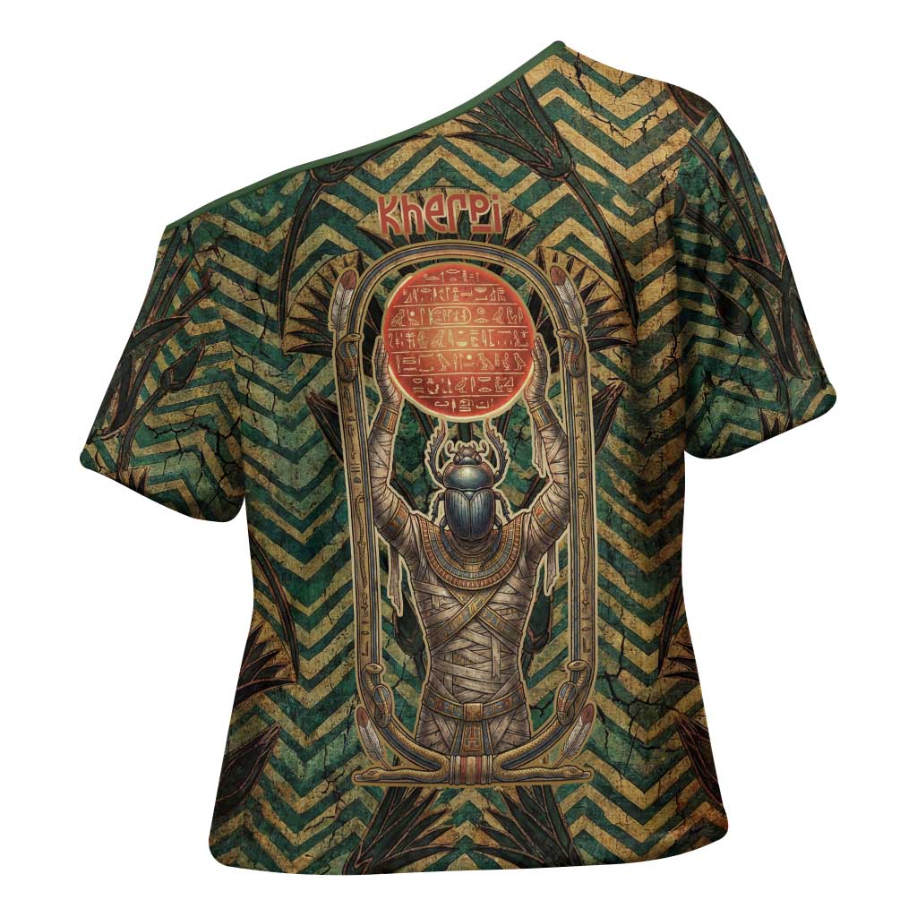 Khepri Cross Shoulder Shirt Ancient Egyptian Chevron, Scarab Ankh and Winged Khepri Guardian Motif - Wonder Print Shop