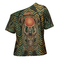 Khepri Cross Shoulder Shirt Ancient Egyptian Chevron, Scarab Ankh and Winged Khepri Guardian Motif - Wonder Print Shop