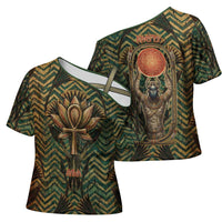 Khepri Cross Shoulder Shirt Ancient Egyptian Chevron, Scarab Ankh and Winged Khepri Guardian Motif - Wonder Print Shop