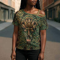 Khepri Cross Shoulder Shirt Ancient Egyptian Chevron, Scarab Ankh and Winged Khepri Guardian Motif - Wonder Print Shop