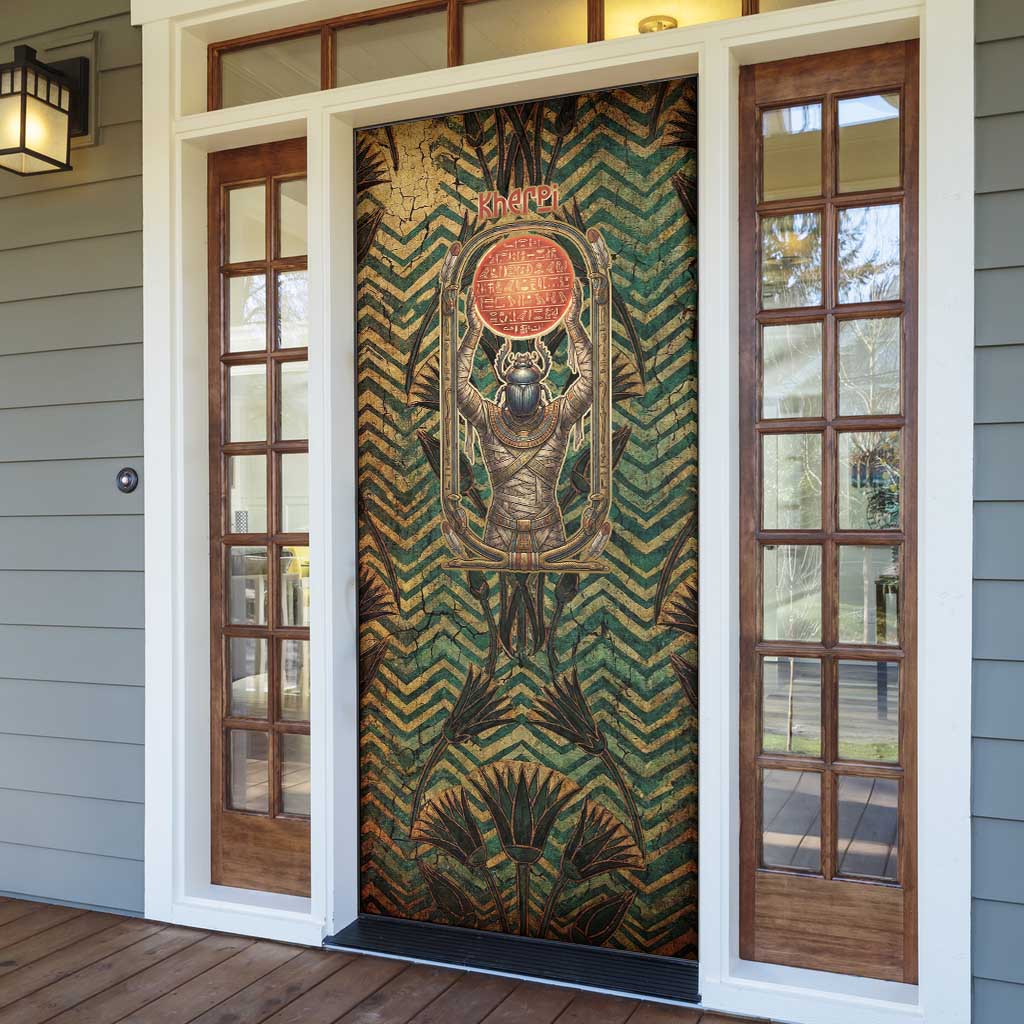 Khepri Door Cover Ancient Egyptian Chevron, Scarab Ankh and Winged Khepri Guardian Motif - Wonder Print Shop