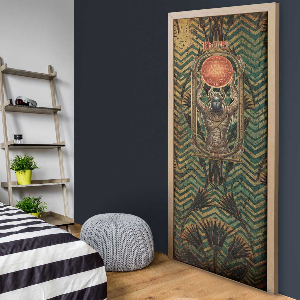 Khepri Door Cover Ancient Egyptian Chevron, Scarab Ankh and Winged Khepri Guardian Motif - Wonder Print Shop