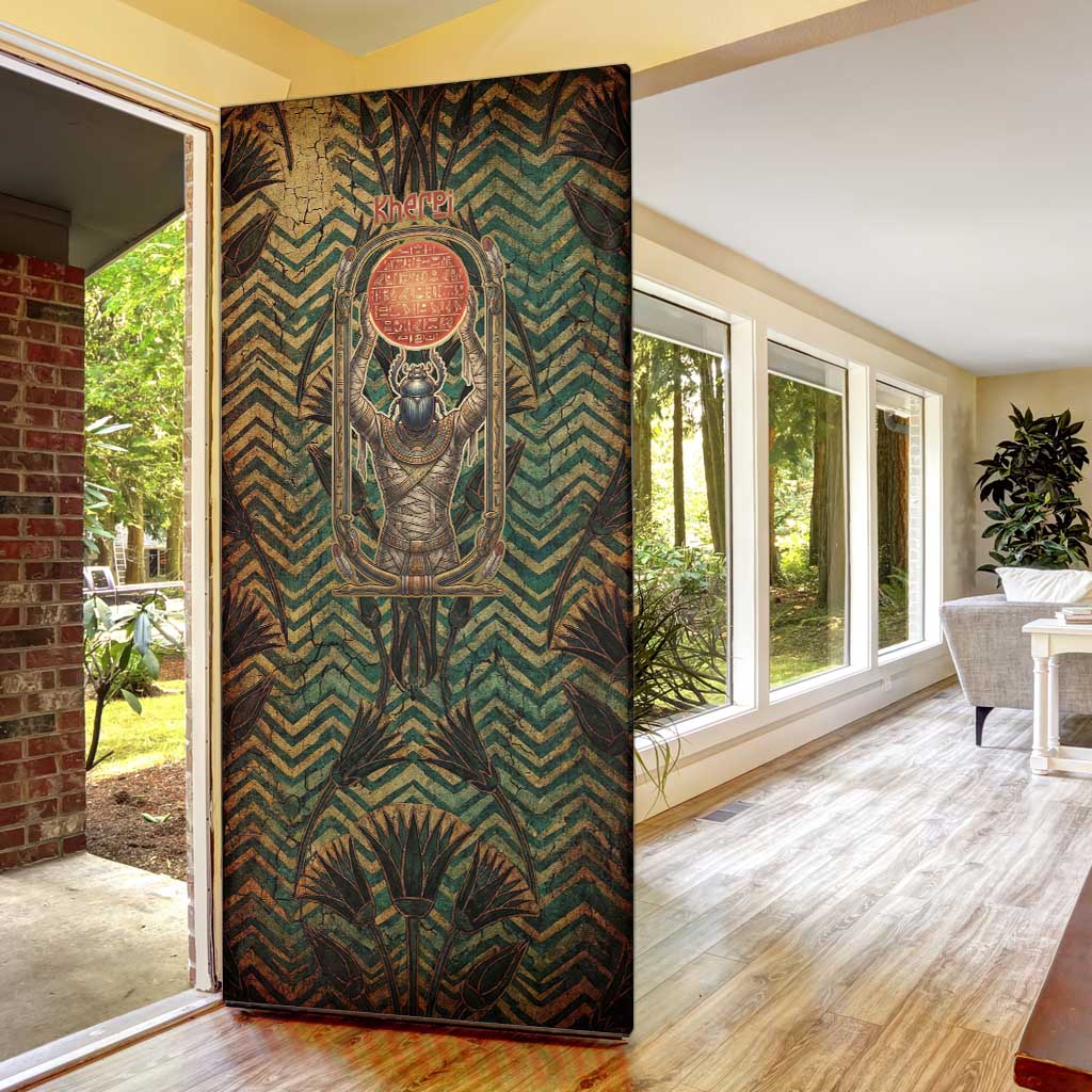Khepri Door Cover Ancient Egyptian Chevron, Scarab Ankh and Winged Khepri Guardian Motif - Wonder Print Shop