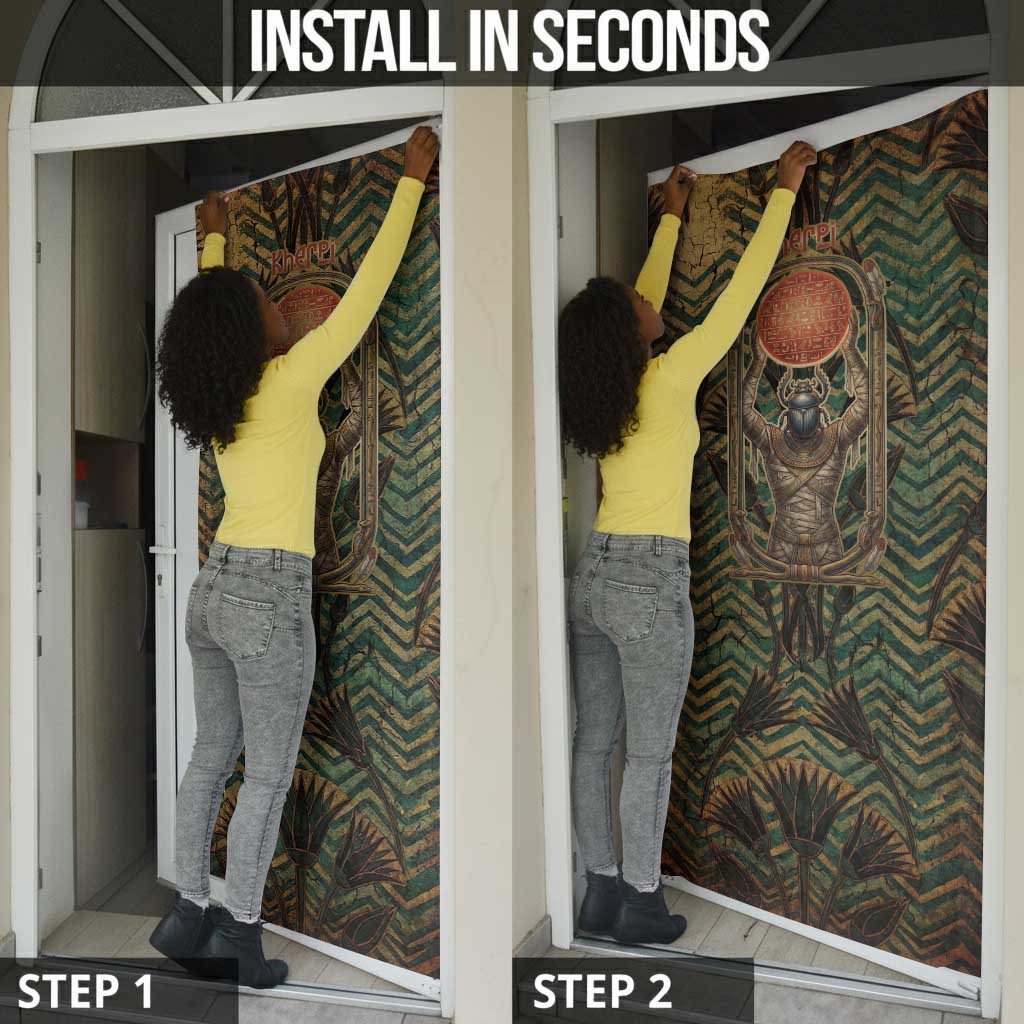 Khepri Door Cover Ancient Egyptian Chevron, Scarab Ankh and Winged Khepri Guardian Motif - Wonder Print Shop