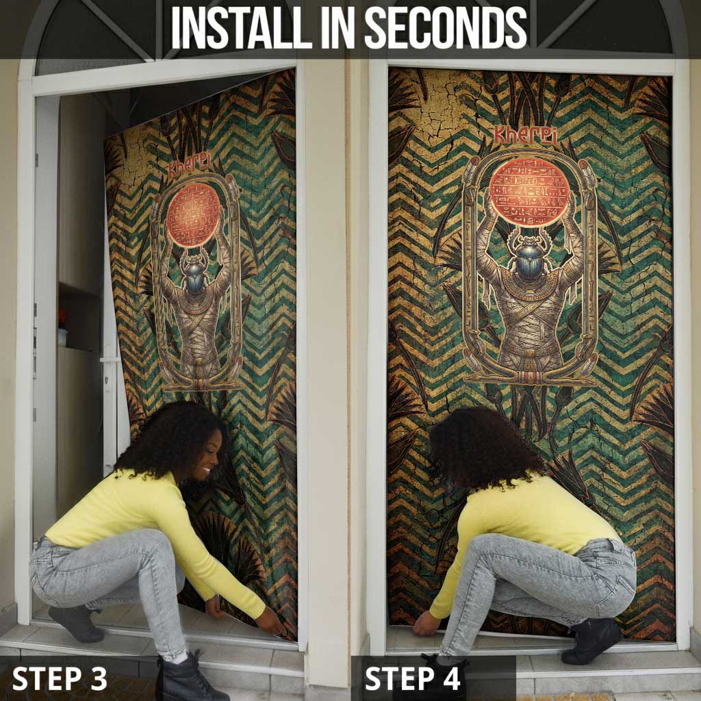 Khepri Door Cover Ancient Egyptian Chevron, Scarab Ankh and Winged Khepri Guardian Motif - Wonder Print Shop