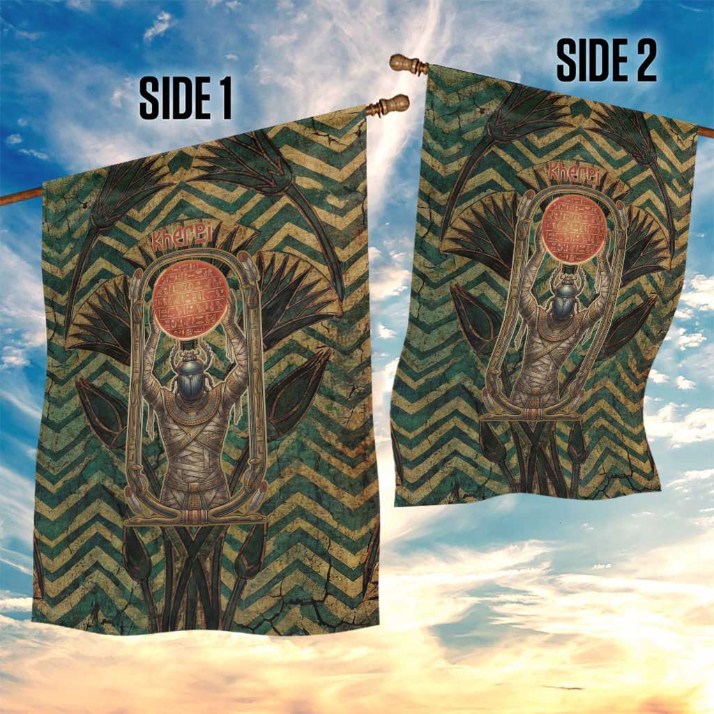 Khepri Garden Flag Ancient Egyptian Chevron, Scarab Ankh and Winged Khepri Guardian Motif - Wonder Print Shop