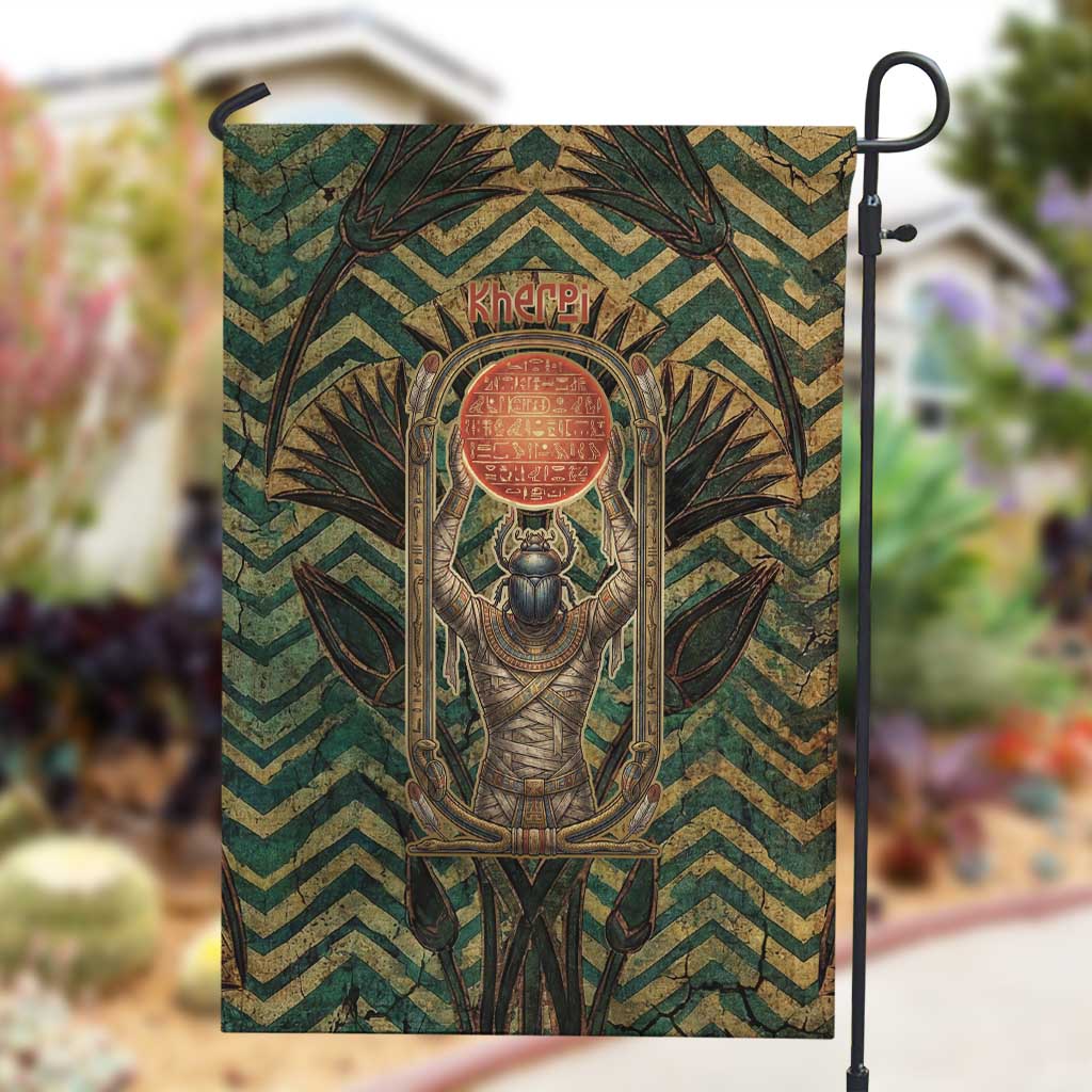 Khepri Garden Flag Ancient Egyptian Chevron, Scarab Ankh and Winged Khepri Guardian Motif - Wonder Print Shop