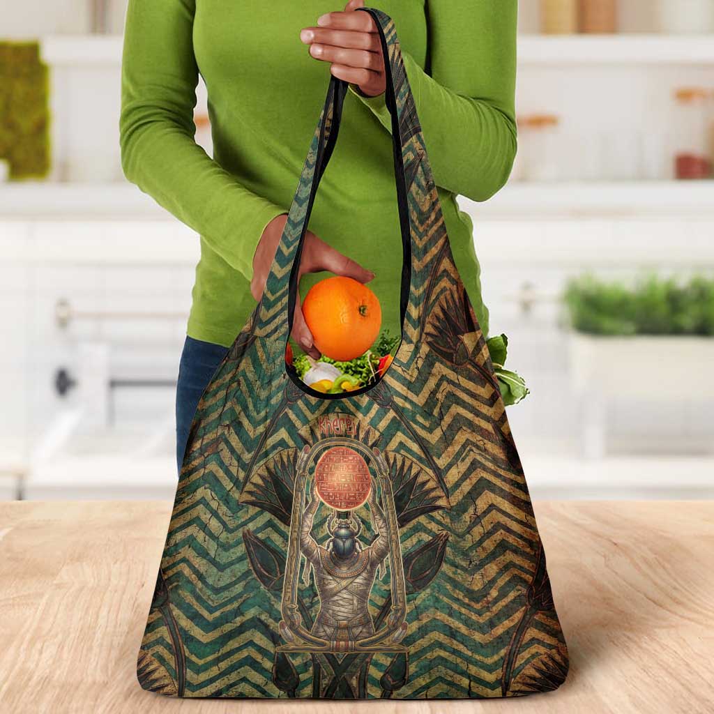 Khepri Grocery Bag Ancient Egyptian Chevron, Scarab Ankh and Winged Khepri Guardian Motif - Wonder Print Shop