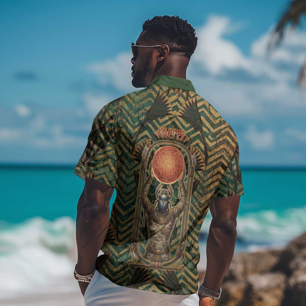 Khepri Hawaiian Shirt Ancient Egyptian Chevron, Scarab Ankh and Winged Khepri Guardian Motif - Wonder Print Shop