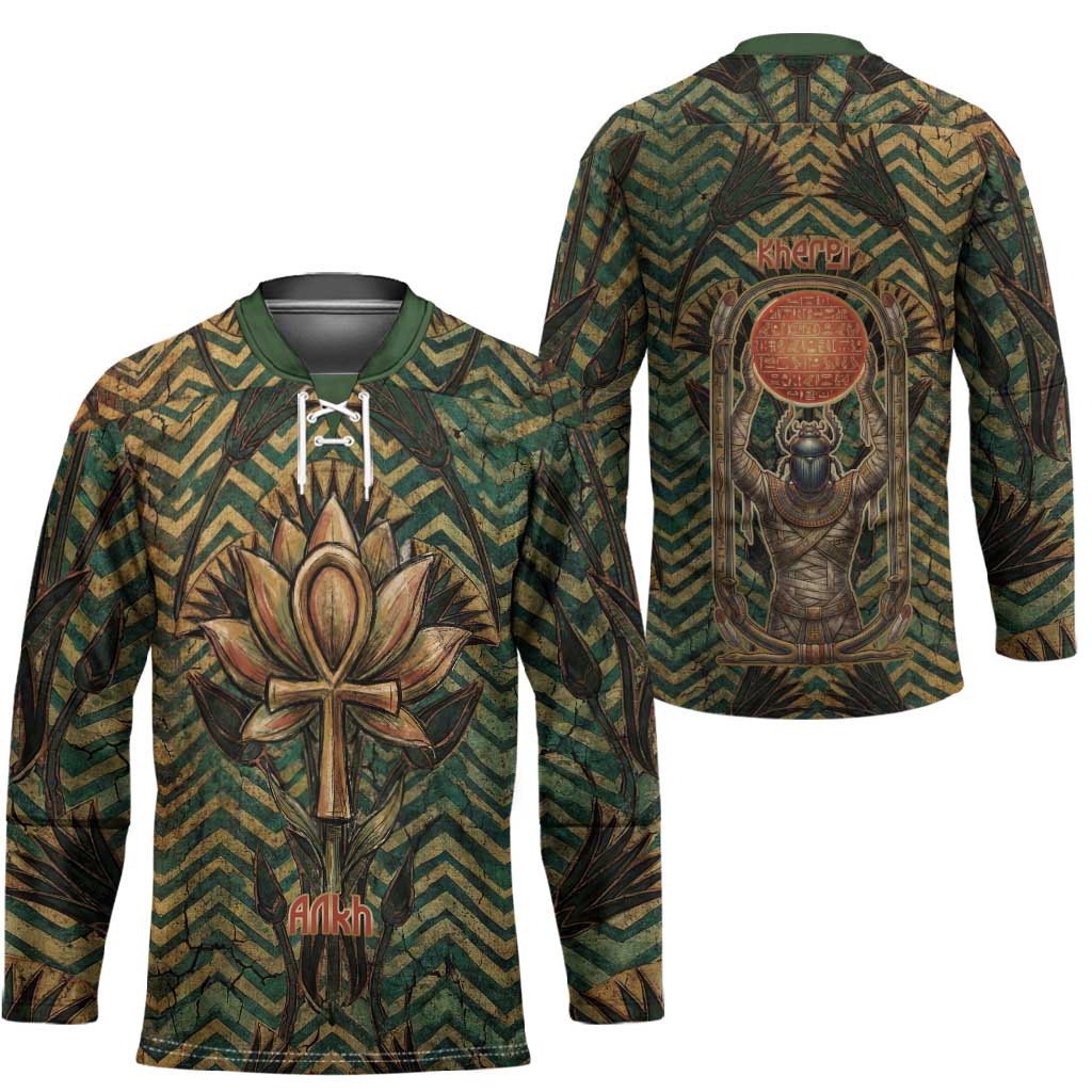 Khepri Hockey Jersey Ancient Egyptian Chevron, Scarab Ankh and Winged Khepri Guardian Motif - Wonder Print Shop