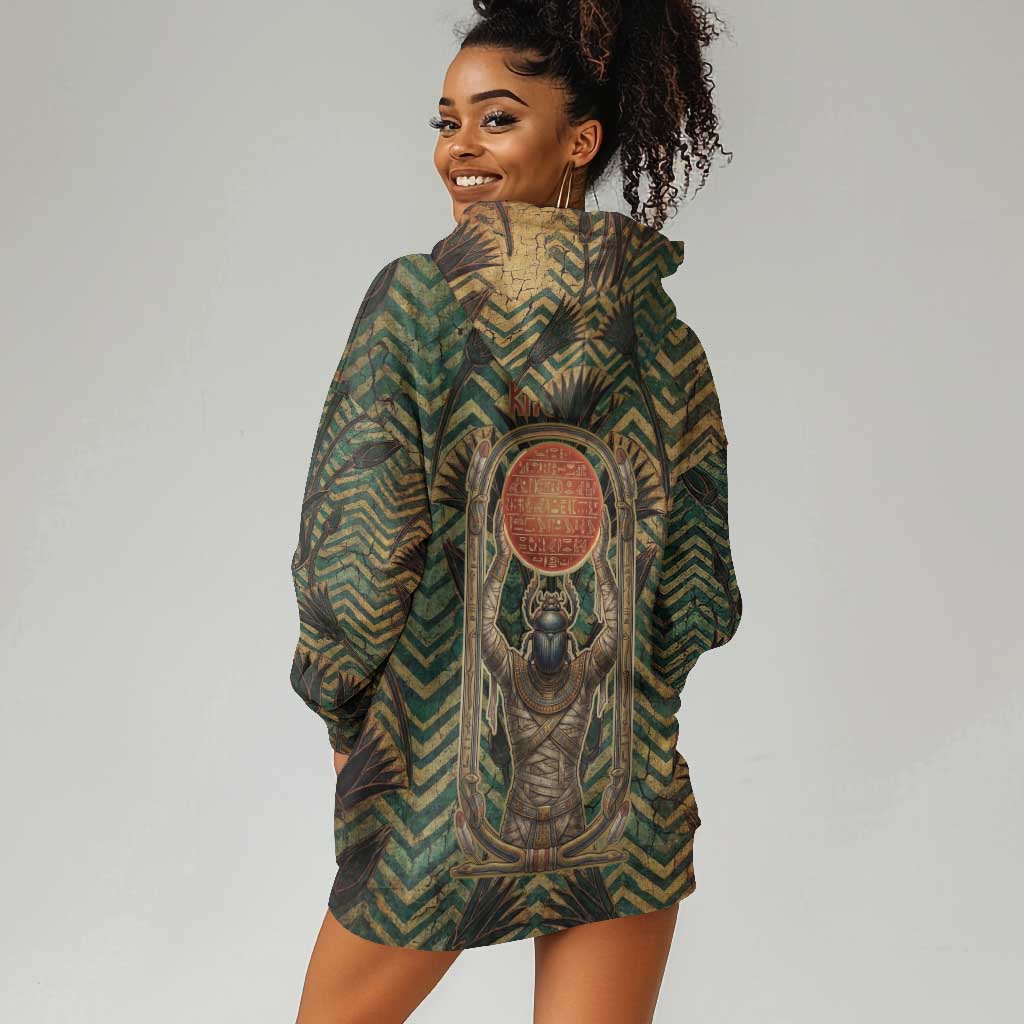 Khepri Hoodie Dress Ancient Egyptian Chevron, Scarab Ankh and Winged Khepri Guardian Motif - Wonder Print Shop