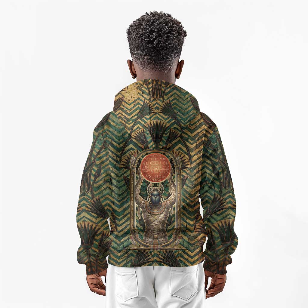Khepri Kid Hoodie Ancient Egyptian Chevron, Scarab Ankh and Winged Khepri Guardian Motif - Wonder Print Shop
