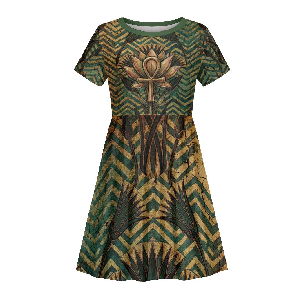 Khepri Kid Short Sleeve Dress Ancient Egyptian Chevron, Scarab Ankh and Winged Khepri Guardian Motif - Wonder Print Shop