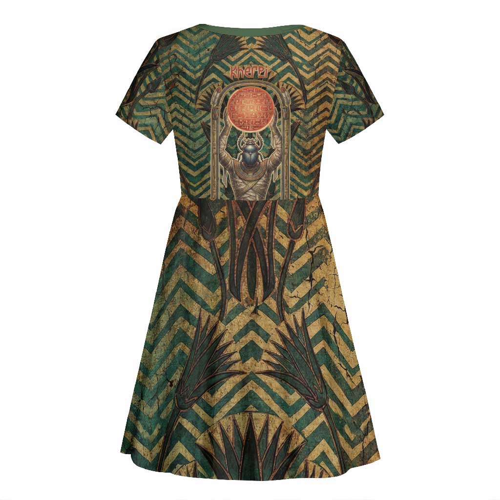 Khepri Kid Short Sleeve Dress Ancient Egyptian Chevron, Scarab Ankh and Winged Khepri Guardian Motif - Wonder Print Shop