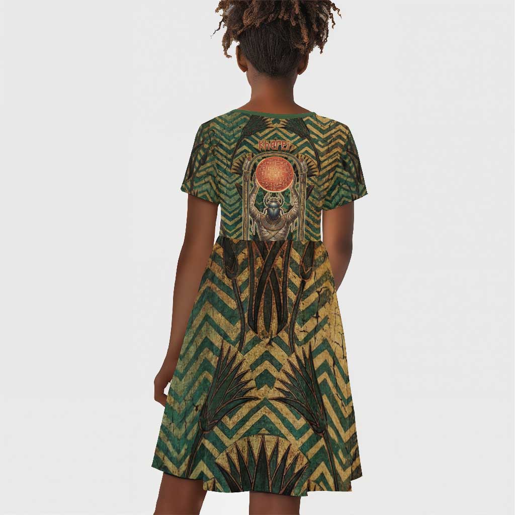 Khepri Kid Short Sleeve Dress Ancient Egyptian Chevron, Scarab Ankh and Winged Khepri Guardian Motif - Wonder Print Shop