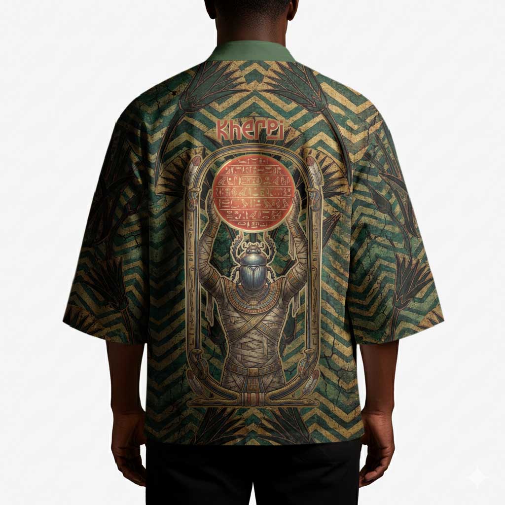Khepri Kimono Ancient Egyptian Chevron, Scarab Ankh and Winged Khepri Guardian Motif - Wonder Print Shop
