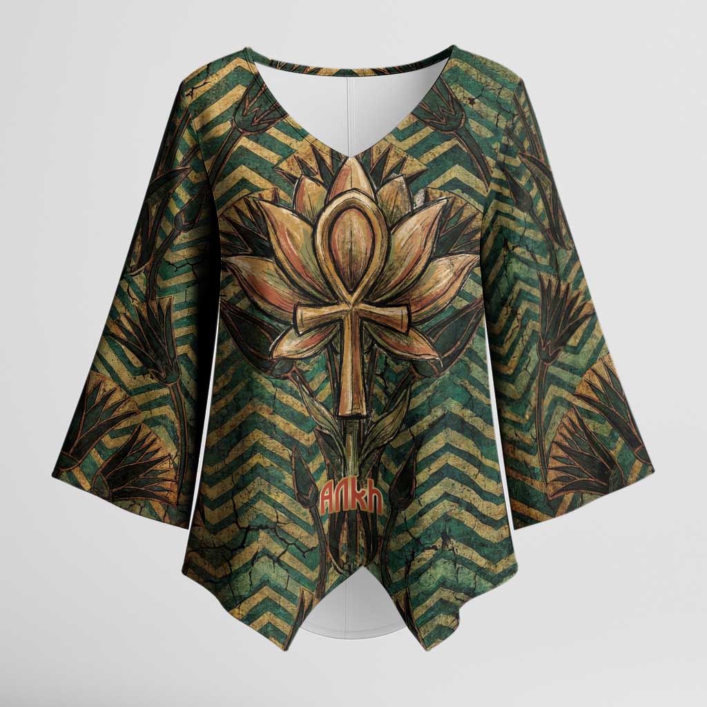 Khepri Kimono Sleeve Blouse Ancient Egyptian Chevron, Scarab Ankh and Winged Khepri Guardian Motif - Wonder Print Shop