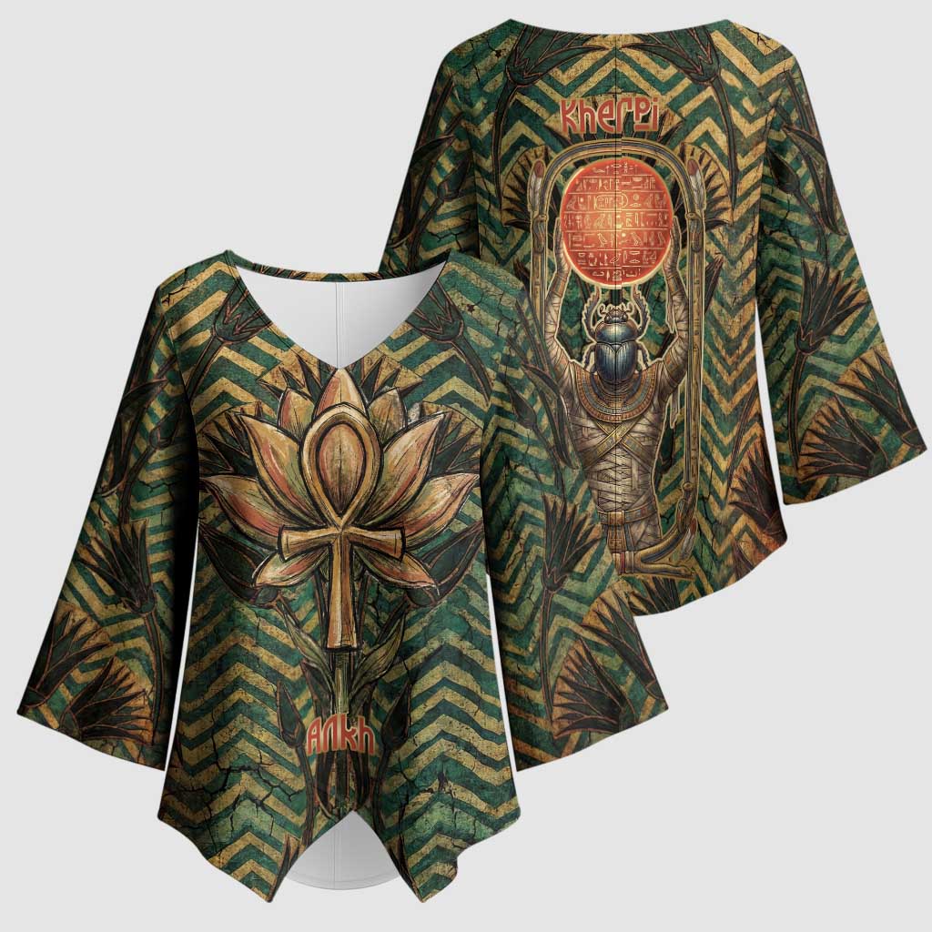 Khepri Kimono Sleeve Blouse Ancient Egyptian Chevron, Scarab Ankh and Winged Khepri Guardian Motif - Wonder Print Shop