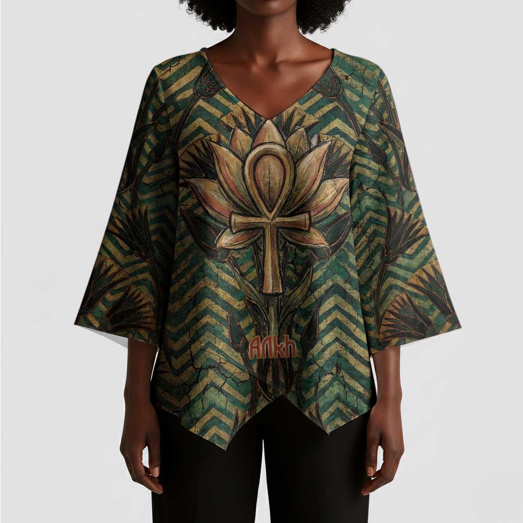 Khepri Kimono Sleeve Blouse Ancient Egyptian Chevron, Scarab Ankh and Winged Khepri Guardian Motif - Wonder Print Shop