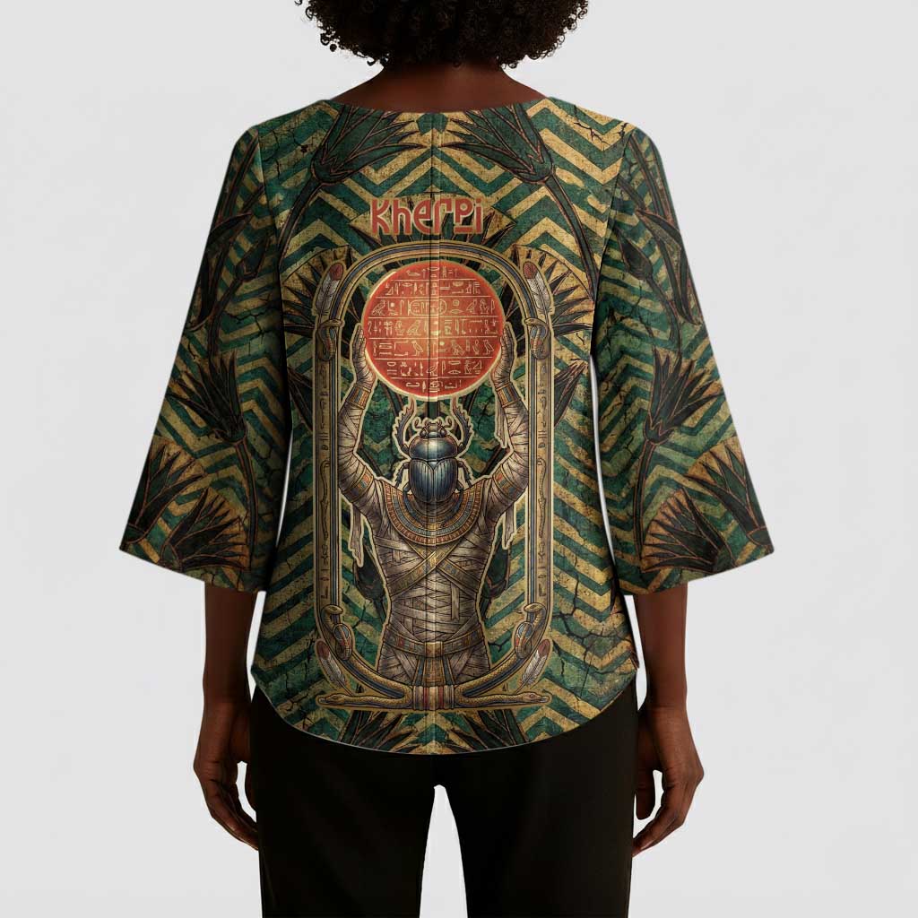 Khepri Kimono Sleeve Blouse Ancient Egyptian Chevron, Scarab Ankh and Winged Khepri Guardian Motif - Wonder Print Shop