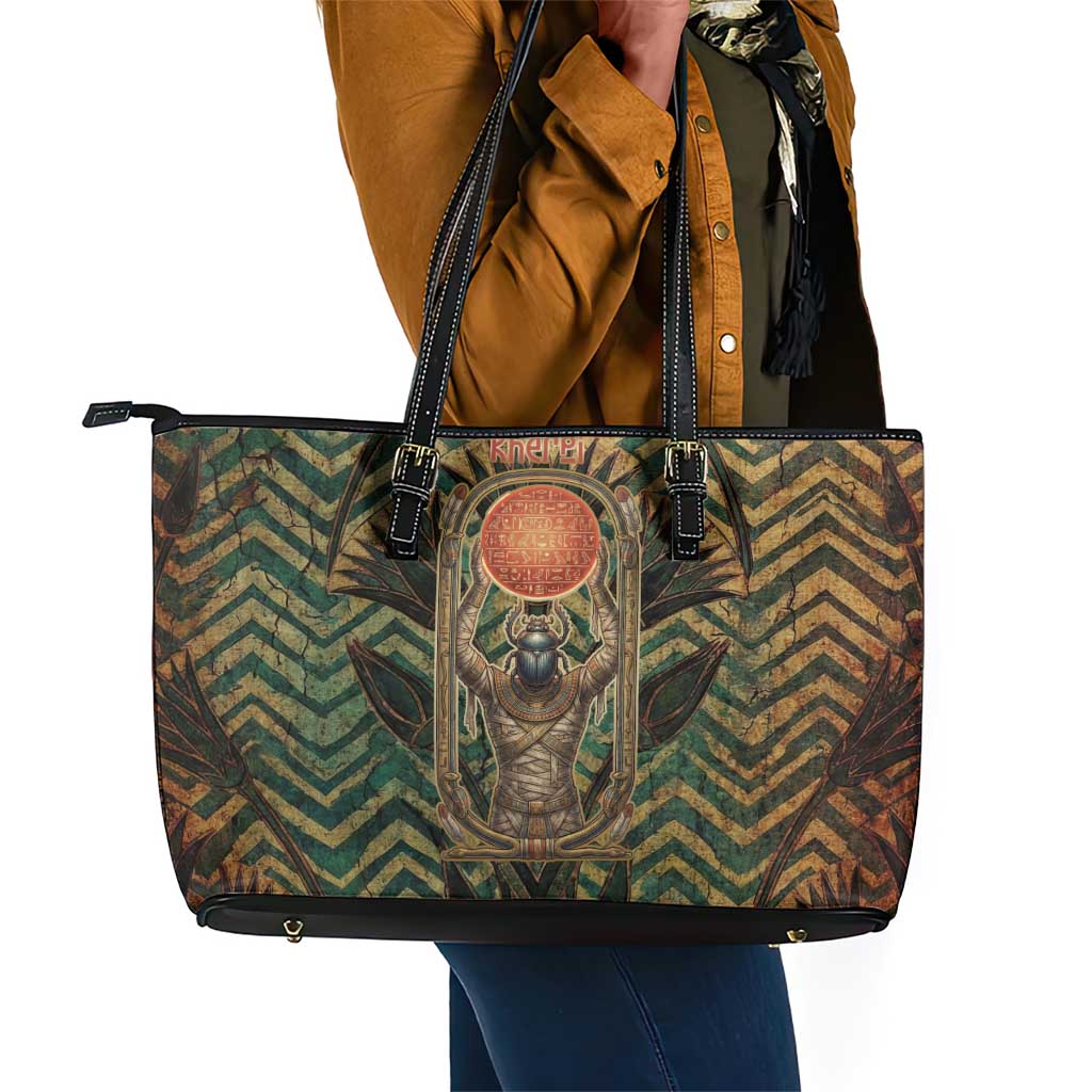 Khepri Leather Tote Bag Ancient Egyptian Chevron, Scarab Ankh and Winged Khepri Guardian Motif - Wonder Print Shop