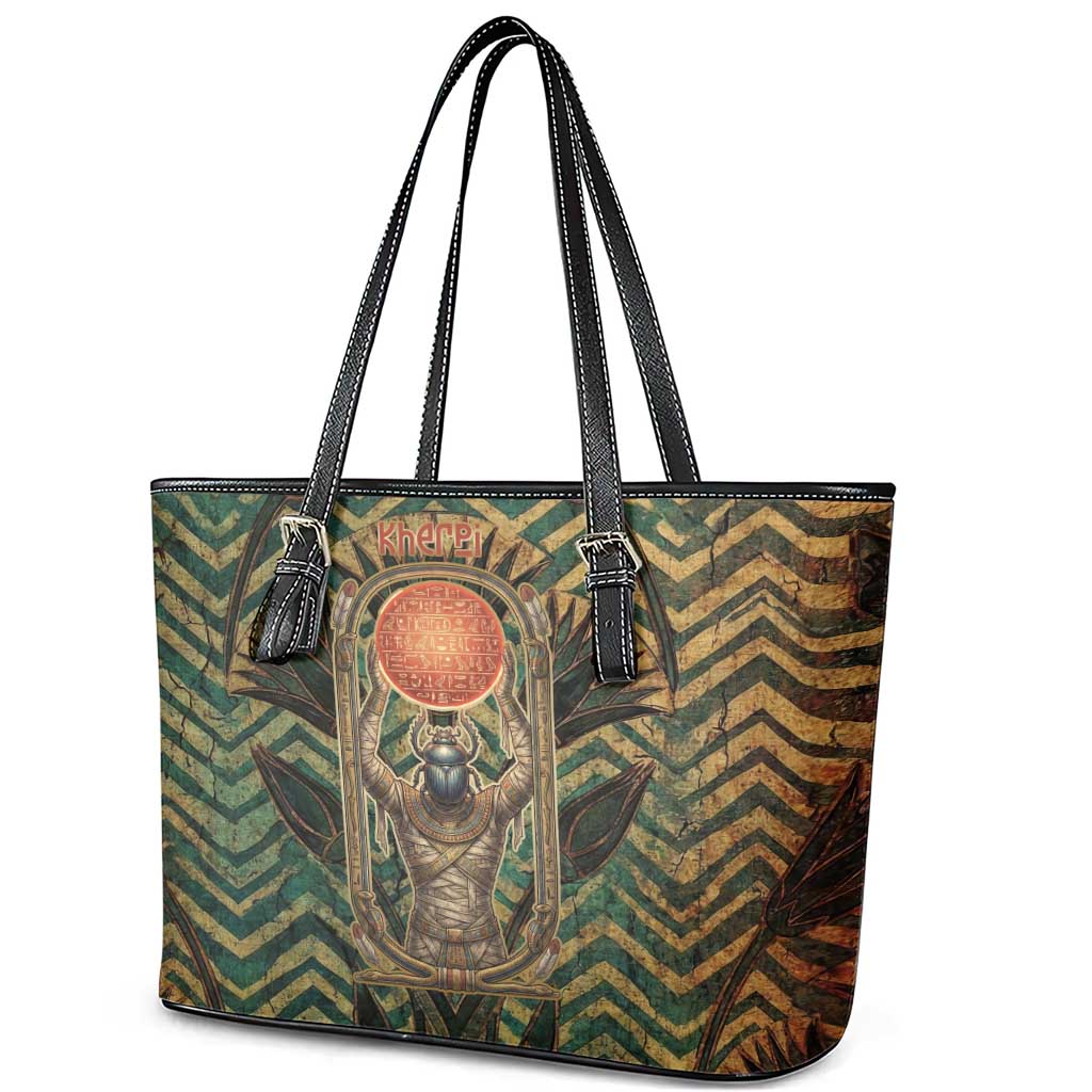 Khepri Leather Tote Bag Ancient Egyptian Chevron, Scarab Ankh and Winged Khepri Guardian Motif - Wonder Print Shop