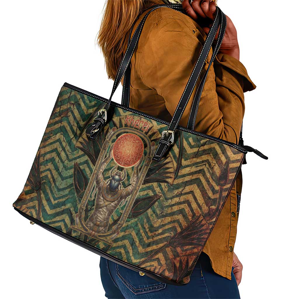 Khepri Leather Tote Bag Ancient Egyptian Chevron, Scarab Ankh and Winged Khepri Guardian Motif - Wonder Print Shop