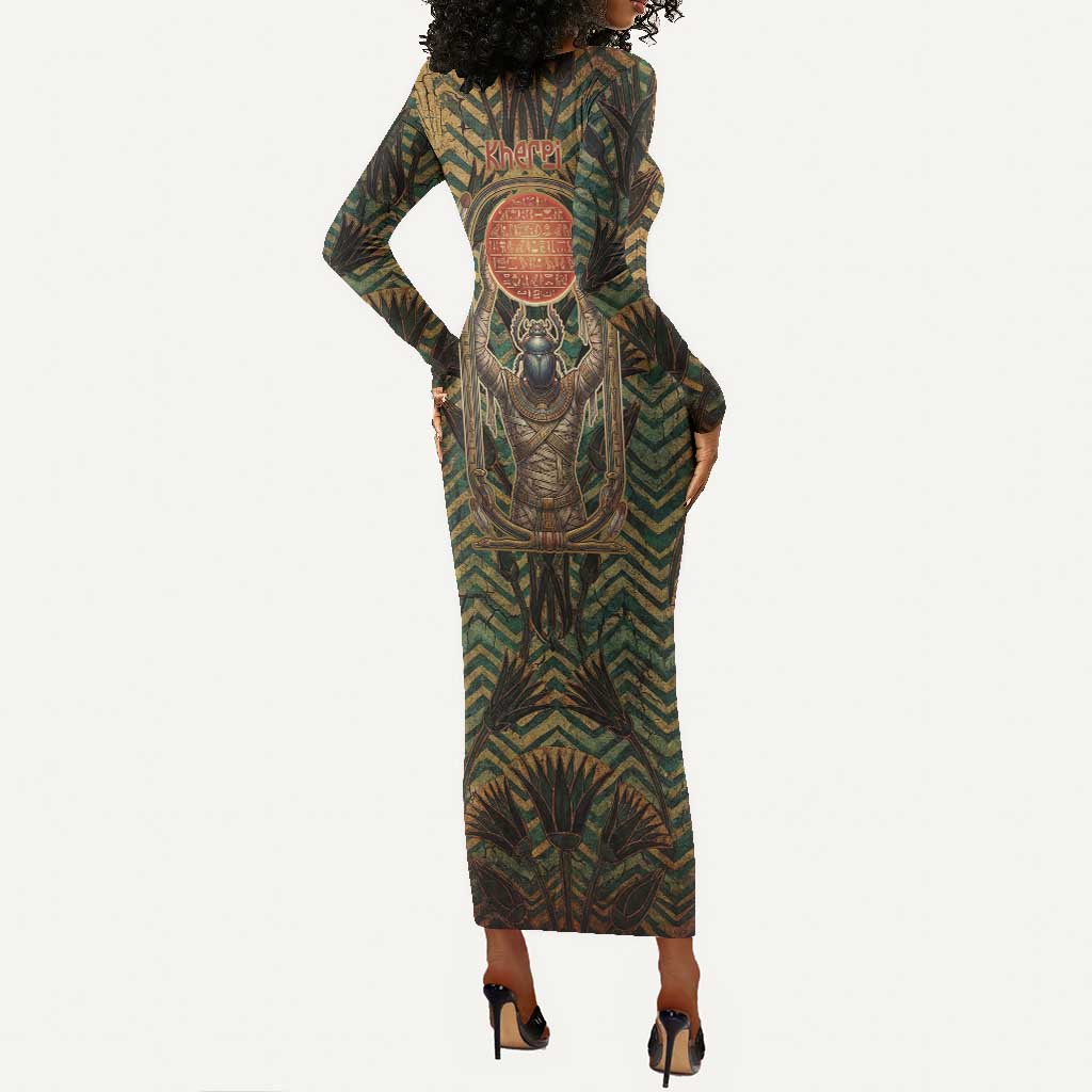 Khepri Long Sleeve Bodycon Dress Ancient Egyptian Chevron, Scarab Ankh and Winged Khepri Guardian Motif - Wonder Print Shop