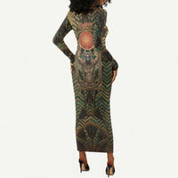 Khepri Long Sleeve Bodycon Dress Ancient Egyptian Chevron, Scarab Ankh and Winged Khepri Guardian Motif - Wonder Print Shop