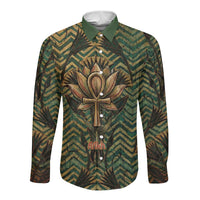 Khepri Long Sleeve Button Shirt Ancient Egyptian Chevron, Scarab Ankh and Winged Khepri Guardian Motif - Wonder Print Shop