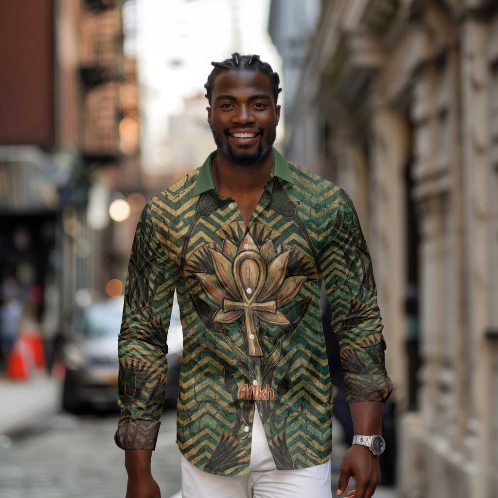 Khepri Long Sleeve Button Shirt Ancient Egyptian Chevron, Scarab Ankh and Winged Khepri Guardian Motif - Wonder Print Shop