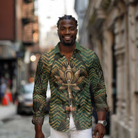 Khepri Long Sleeve Button Shirt Ancient Egyptian Chevron, Scarab Ankh and Winged Khepri Guardian Motif - Wonder Print Shop