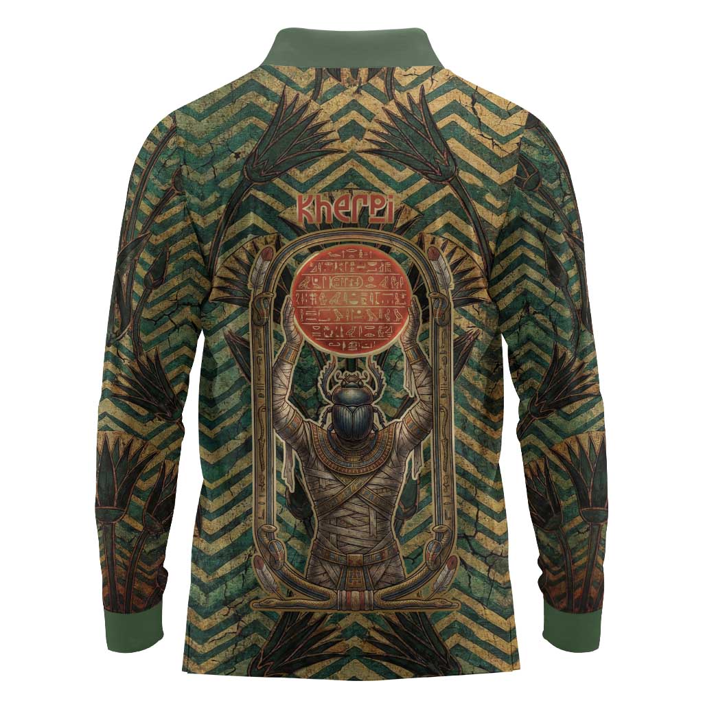 Khepri Long Sleeve Polo Shirt Ancient Egyptian Chevron, Scarab Ankh and Winged Khepri Guardian Motif - Wonder Print Shop