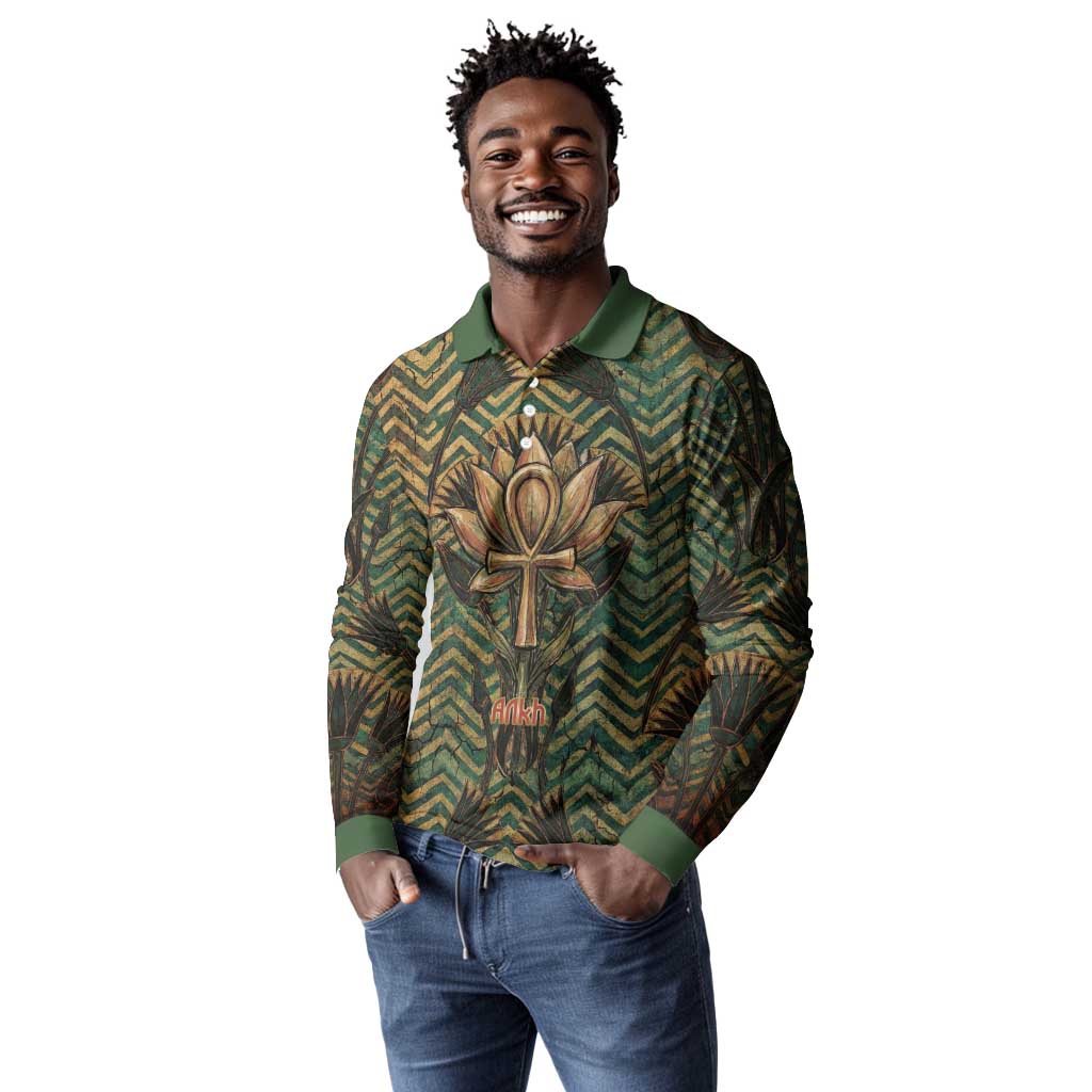 Khepri Long Sleeve Polo Shirt Ancient Egyptian Chevron, Scarab Ankh and Winged Khepri Guardian Motif - Wonder Print Shop