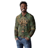 Khepri Long Sleeve Polo Shirt Ancient Egyptian Chevron, Scarab Ankh and Winged Khepri Guardian Motif - Wonder Print Shop
