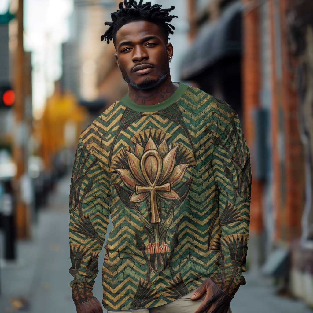 Khepri Long Sleeve Shirt Ancient Egyptian Chevron, Scarab Ankh and Winged Khepri Guardian Motif - Wonder Print Shop