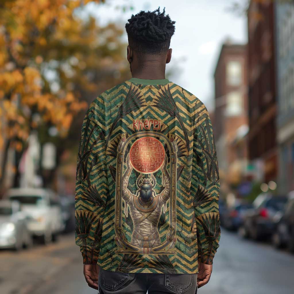 Khepri Long Sleeve Shirt Ancient Egyptian Chevron, Scarab Ankh and Winged Khepri Guardian Motif - Wonder Print Shop