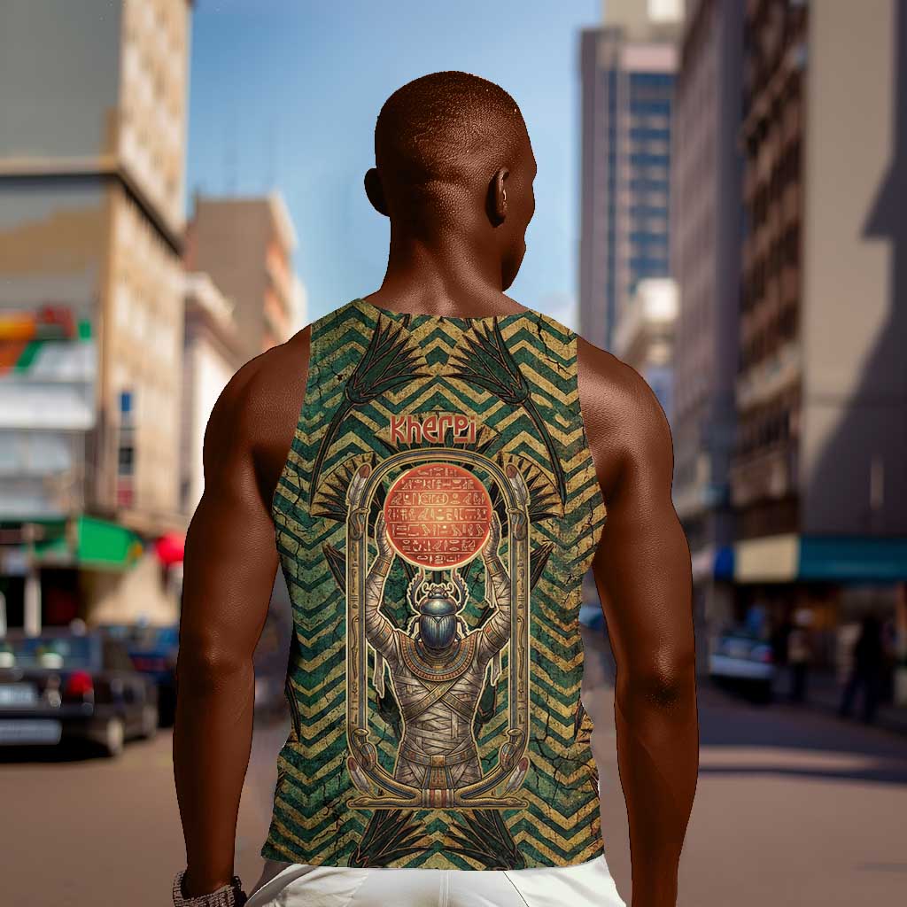 Khepri Men Tank Top Ancient Egyptian Chevron, Scarab Ankh and Winged Khepri Guardian Motif - Wonder Print Shop